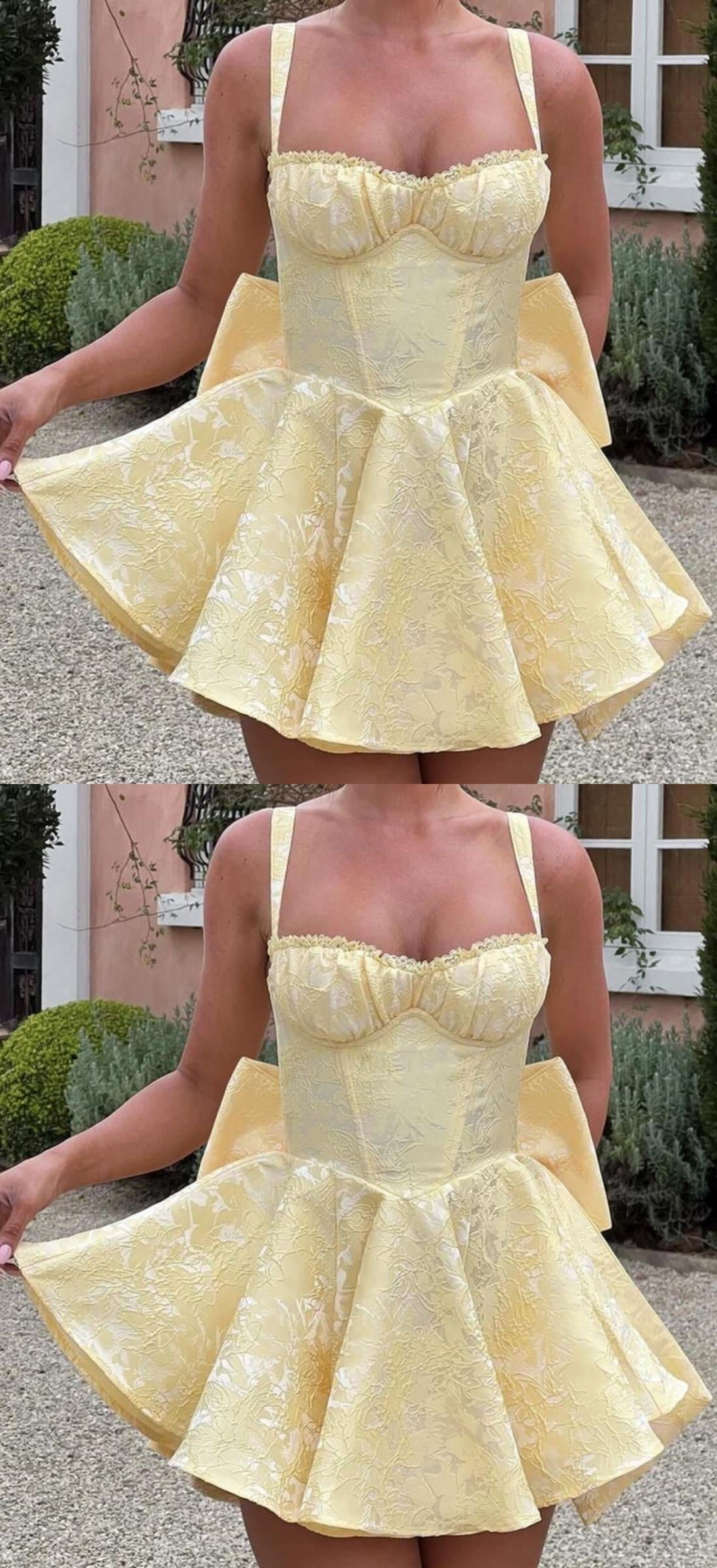 Pastel Yellow Floral Homecoming Dresses A-line Bowknot Celebration Party Dress,LTP3840