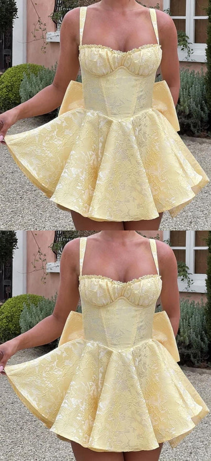 Pastel Yellow Floral Homecoming Dresses A-line Bowknot Celebration Party Dress,LTP3840