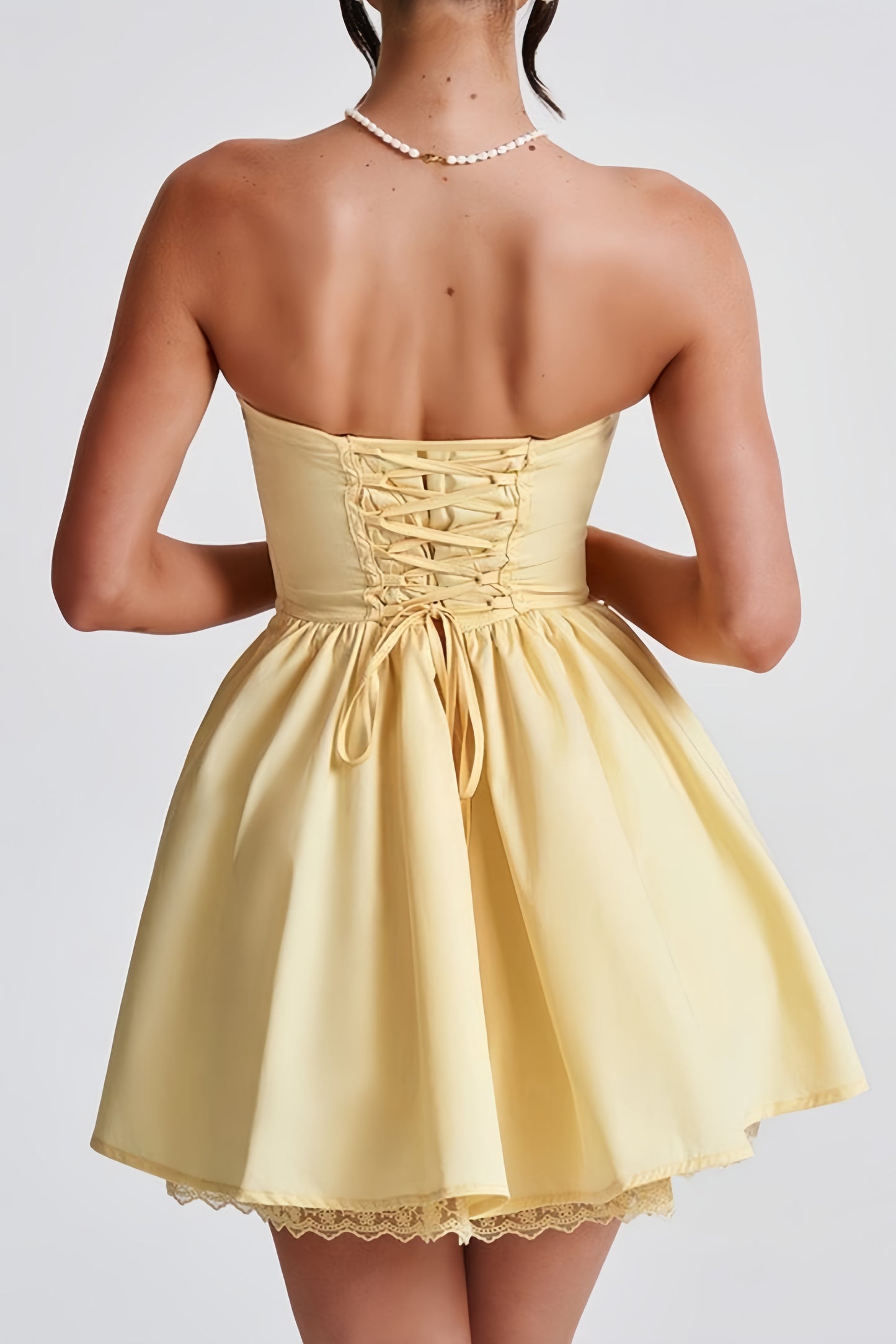 Pastel Yellow Strapless Homecoming Dresses Satin Lace Party Gown, LTP3372