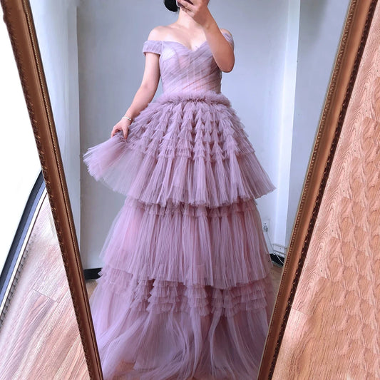 Off The Shoulder A-Line Tiered Tulle Prom Dress