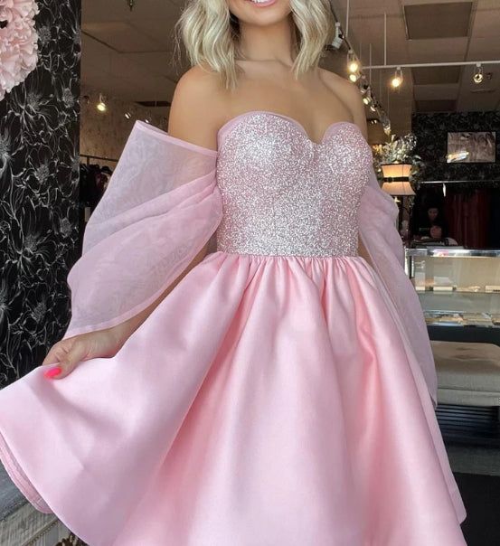 Pink A-Line Homecoming Dress, Sequin Mini Prom Birthday Dresses, LTP3433