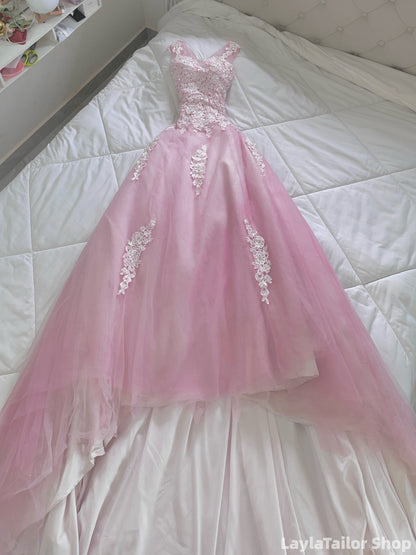 Pink A-Line Lace Tulle Birthday Party Dresses V-Back Senior Prom Dress LTP82694