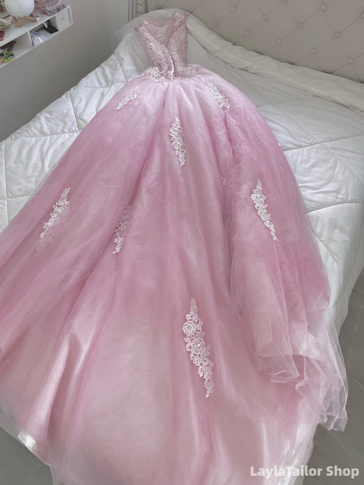 Pink A-Line Lace Tulle Birthday Party Dresses V-Back Senior Prom Dress LTP82694