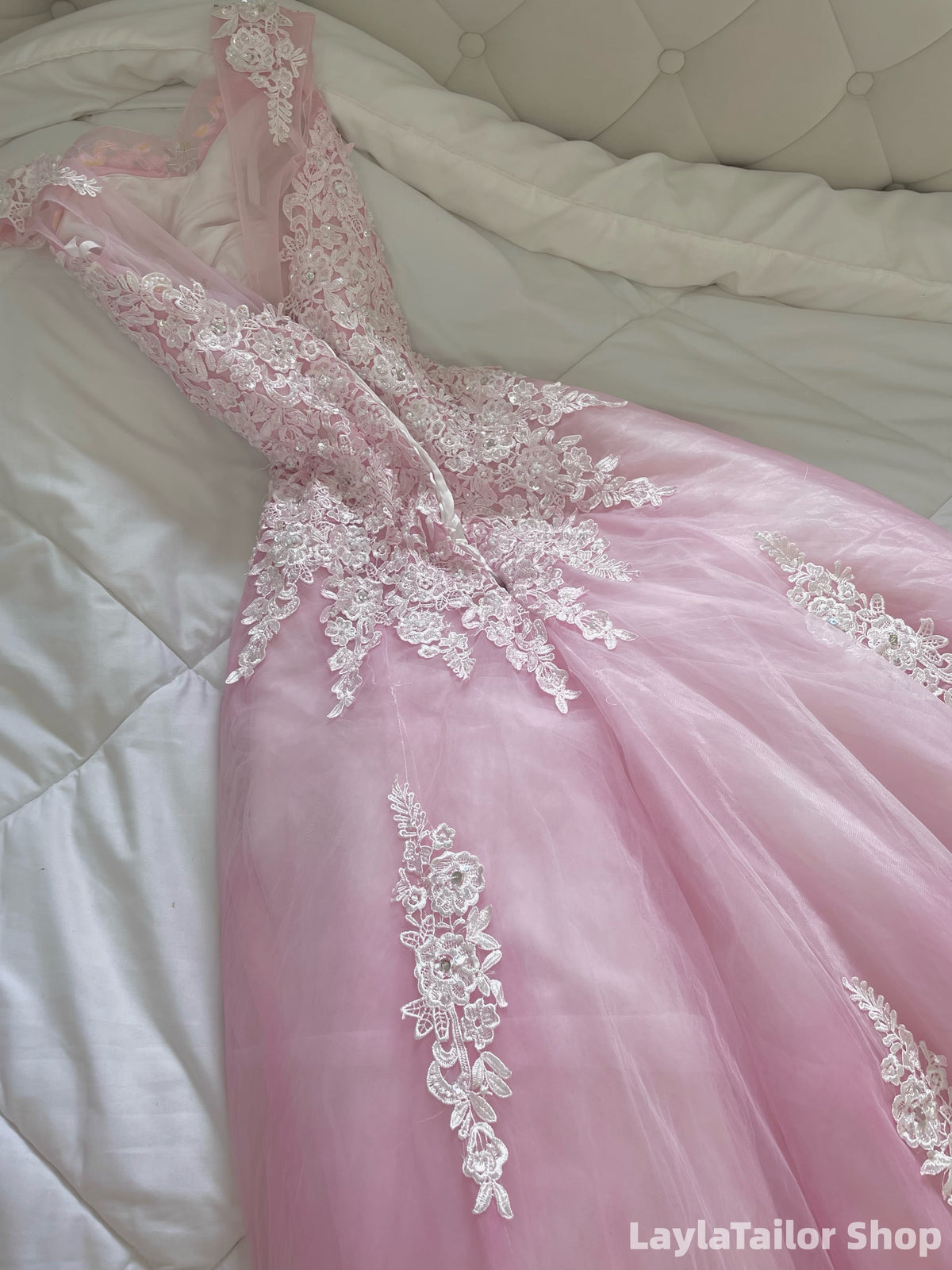 Pink A-Line Lace Tulle Birthday Party Dresses V-Back Senior Prom Dress LTP82694