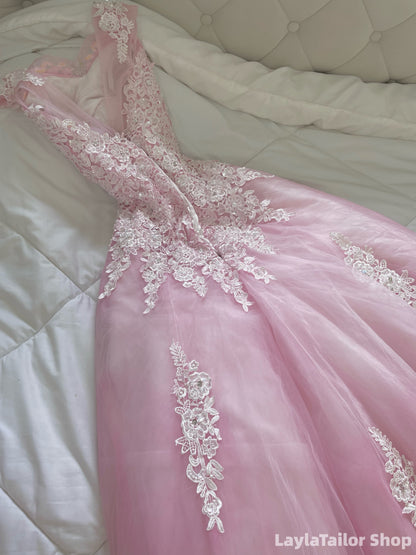 Pink A-Line Lace Tulle Birthday Party Dresses V-Back Senior Prom Dress LTP82694