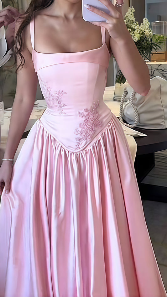 Pink Appliques Evening Dresses, A-Line Satin Prom Dresses,LTP3566