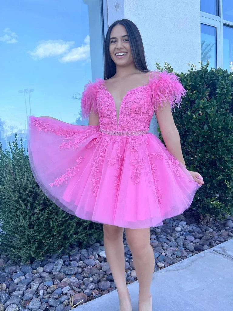 Pink Appliques Homecoming Dresses A-Line Feather Graduation Dresses, LTP3260