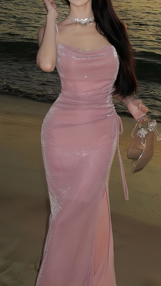 Pink Bodycon Glitter Party Dress Sleeveless Prom Dress With Side Slit,LTP3817