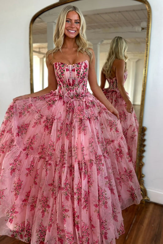 Charming A-Line Pink Strapless Long Print Tulle Prom Party Dress