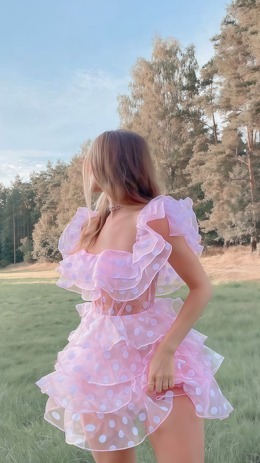 Pink Dots Mini Homecoming Dress, Ruffle Teen Hoco Dress, LTP3722