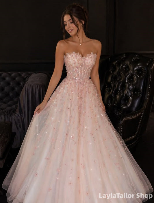 Pink Floral Beaded A-Line Evening Prom Dresses
