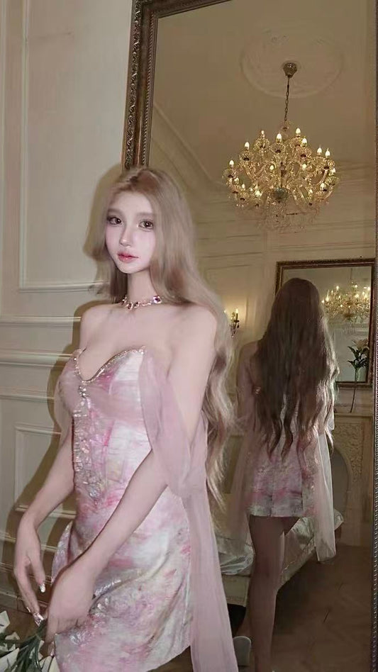 Pink Floral Bodycon Homecoming Dresses Sweetheart Short Prom Dress,LTP4230