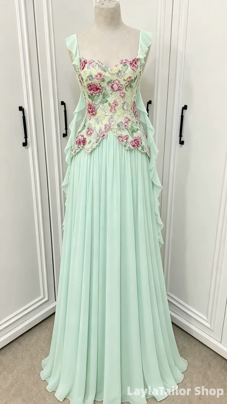 Pink Floral Embroidery Chiffon Long Formal Dress, Ruffle Prom Dresses LTP82761