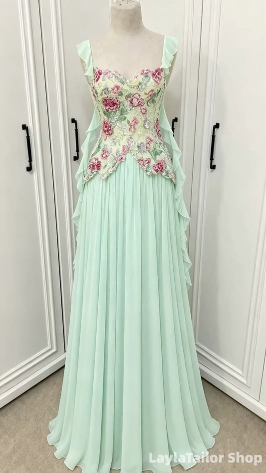Pink Floral Embroidery Chiffon Long Formal Dress, Ruffle Prom Dresses LTP82761