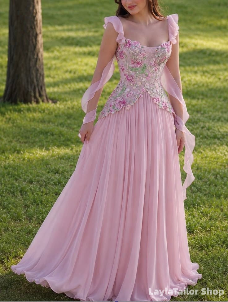 Pink Floral Embroidery Chiffon Long Formal Dress, Ruffle Prom Dresses LTP82761