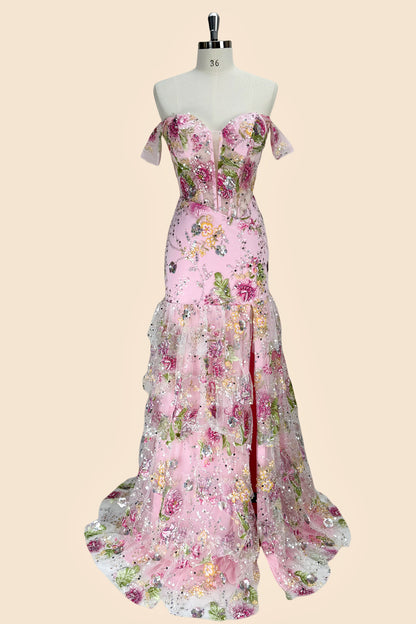 Pink Floral Off Shoulder Corset Mermaid Prom Dress with Slit and Lace Up Back