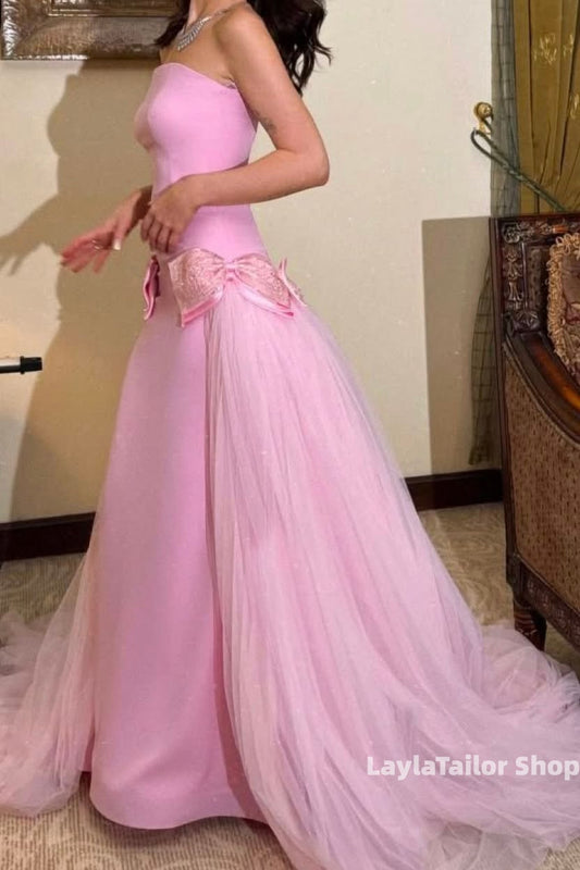 Pink Gala Dresses Strapless Birthday Party Prom Dress With Bowknot, LTP3631