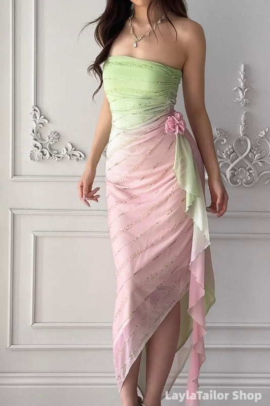 Pink Green Strapless Bodycon Chiffon Prom Dresses LTP82719