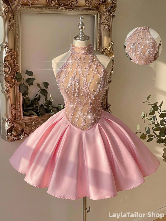 Pink Halter Beaded Satin A-Line Homecoming Dress, Short Party Dresses LTP82745