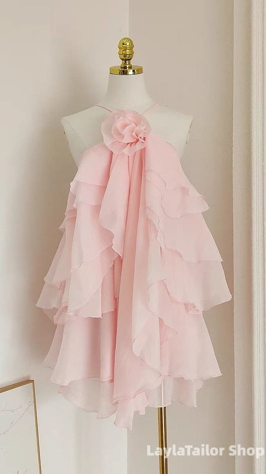 Pink Halter Floral Ruffle Homecoming Dresses Short Party Dress