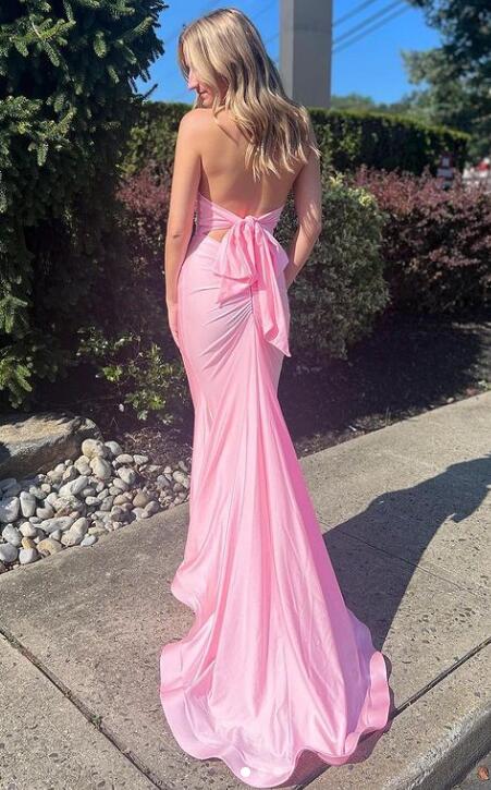 Pink Halter Plung V-neck Mermaid Long Senior Prom Dress