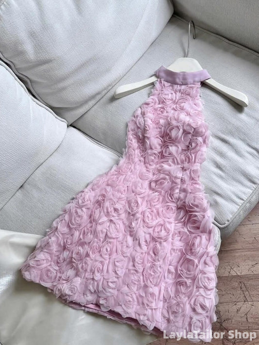 Pink Halter Rose Floral Homecoming Dresses Short Cocktail Dress