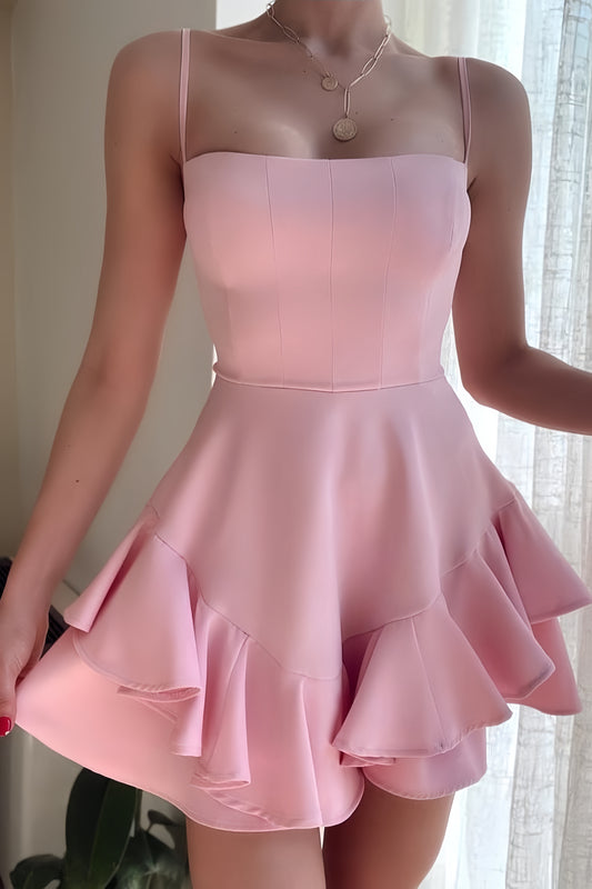 Pink Homecoming Dresses Spaghetti Straps Back To School Outfits A-line Party Gown,LTP3906