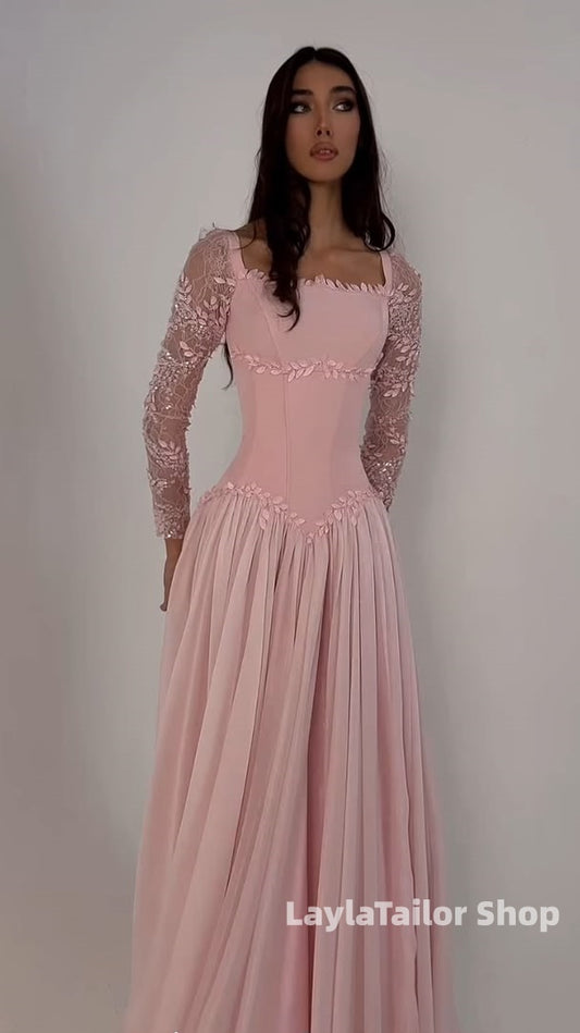 Pink Lace Chiffon Prom Dresses Drop Waist Party Dresses Long Sleeves Bridesmaid Dress, LTP4589