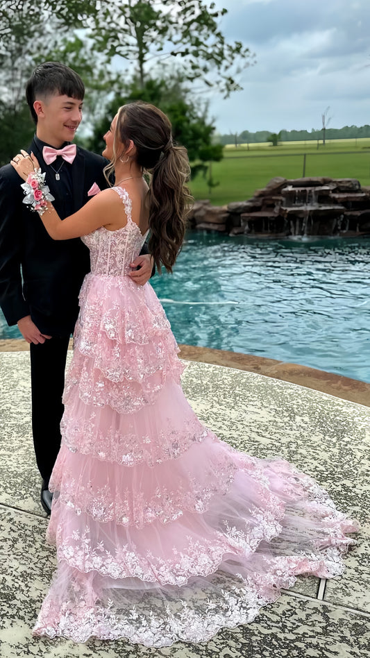 Pink Lace Ruffle Long Evening Prom Dresses, LTP3460