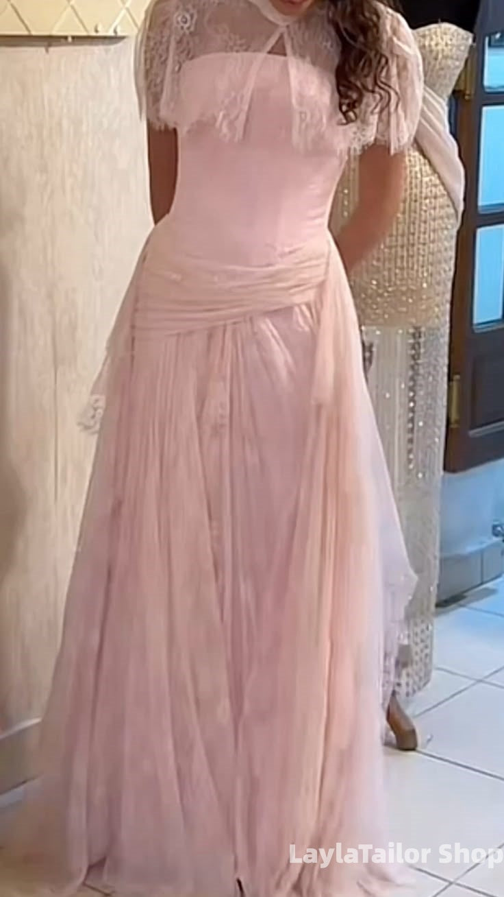 Pink Lace Slim Prom Dresses Evening Party Dress,LTP3704