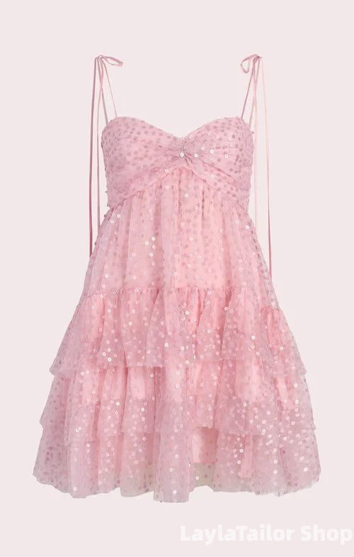 Pink Sequin Ruffle Homecoming Dress Sweetheart Birthday Dresses