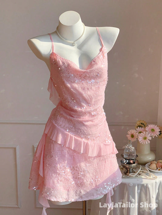 Pink Sequin Ruffles Mini Hoco Dresses LTP82727