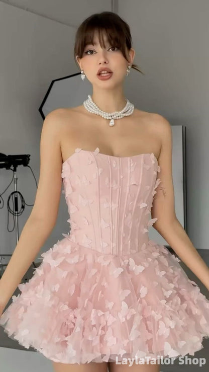 Pink Strapless 3D Butterflies Short Homecoming Dress