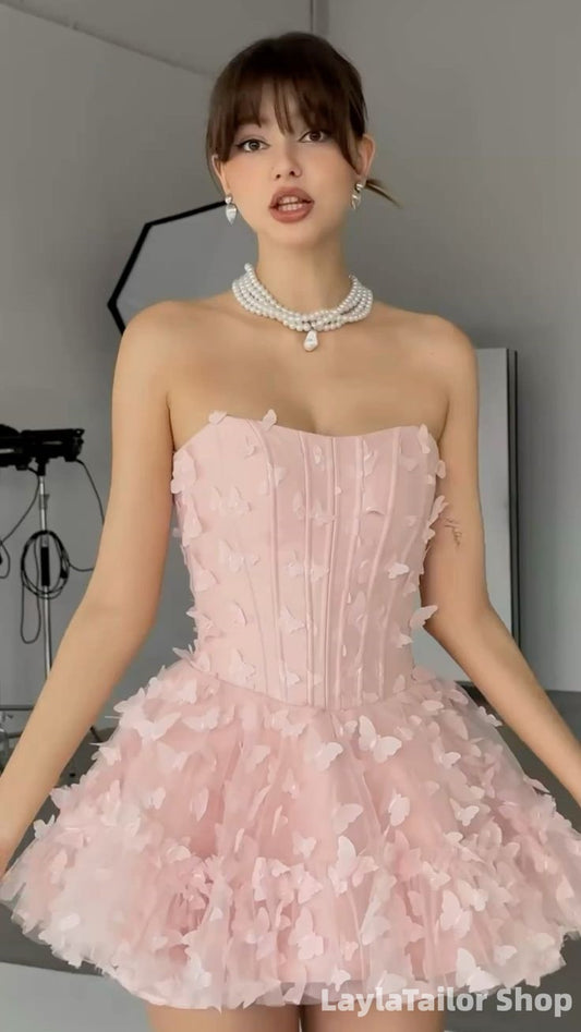 Pink Strapless 3D Butterflies Short Homecoming Dress