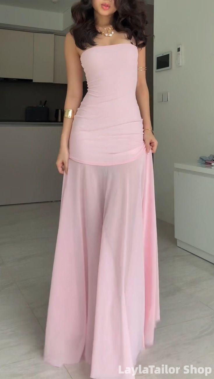 Pink Strapless Mermaid Chiffon Long Prom Dresses LTP82732
