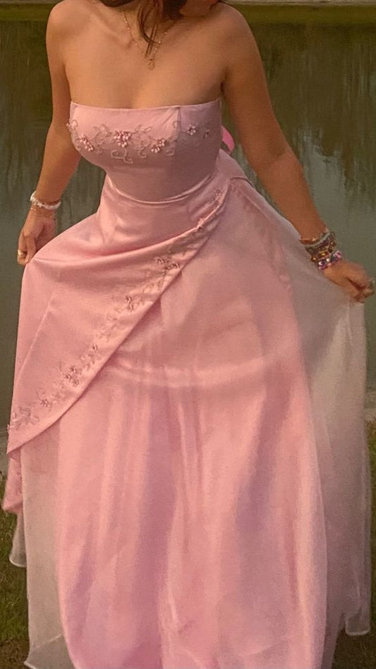 Pink Strapless Organza Evening Prom Dresses Appliques Graduation Dress,LTP4171