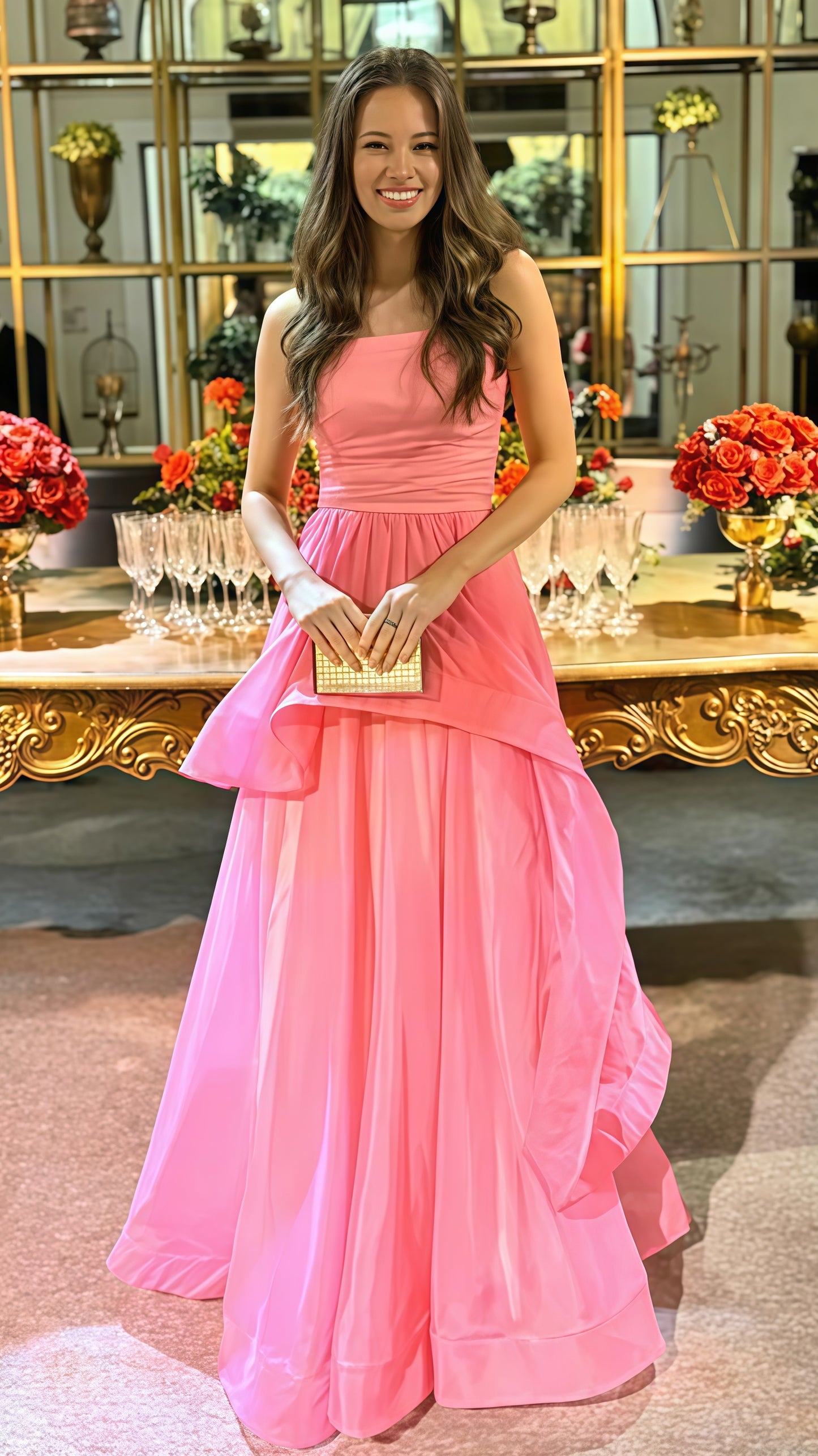 Pink Strapless Organza Prom Dress, Sleeveless Ruffle Party Evening Dress, LTP3716