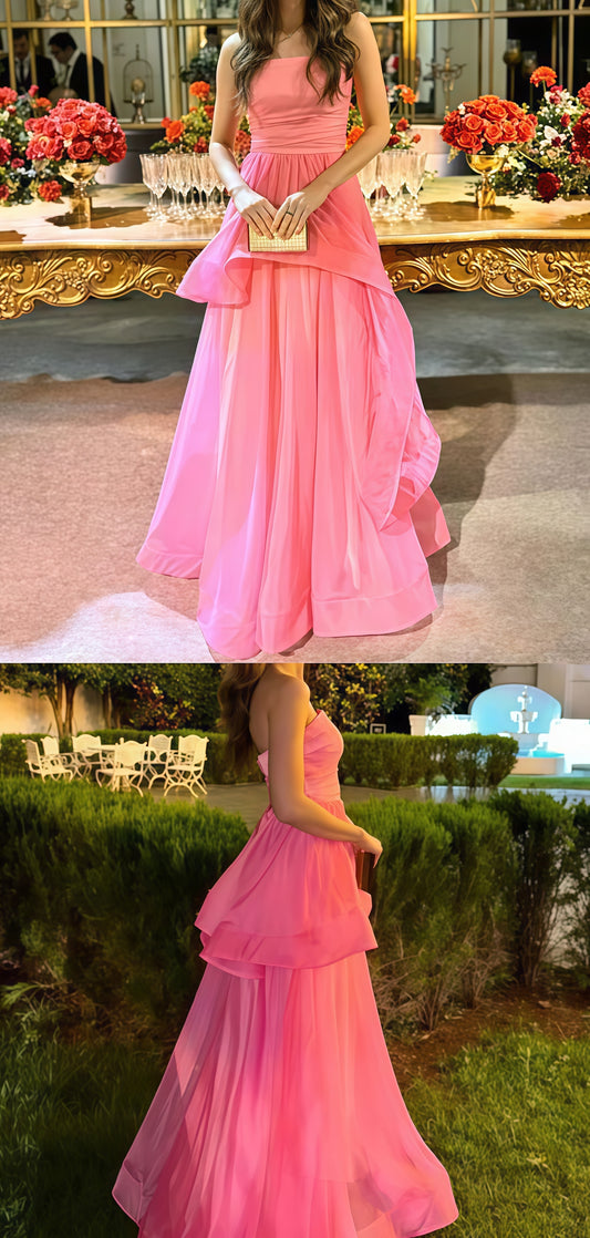 Pink Strapless Organza Prom Dress, Sleeveless Ruffle Party Evening Dress, LTP3716