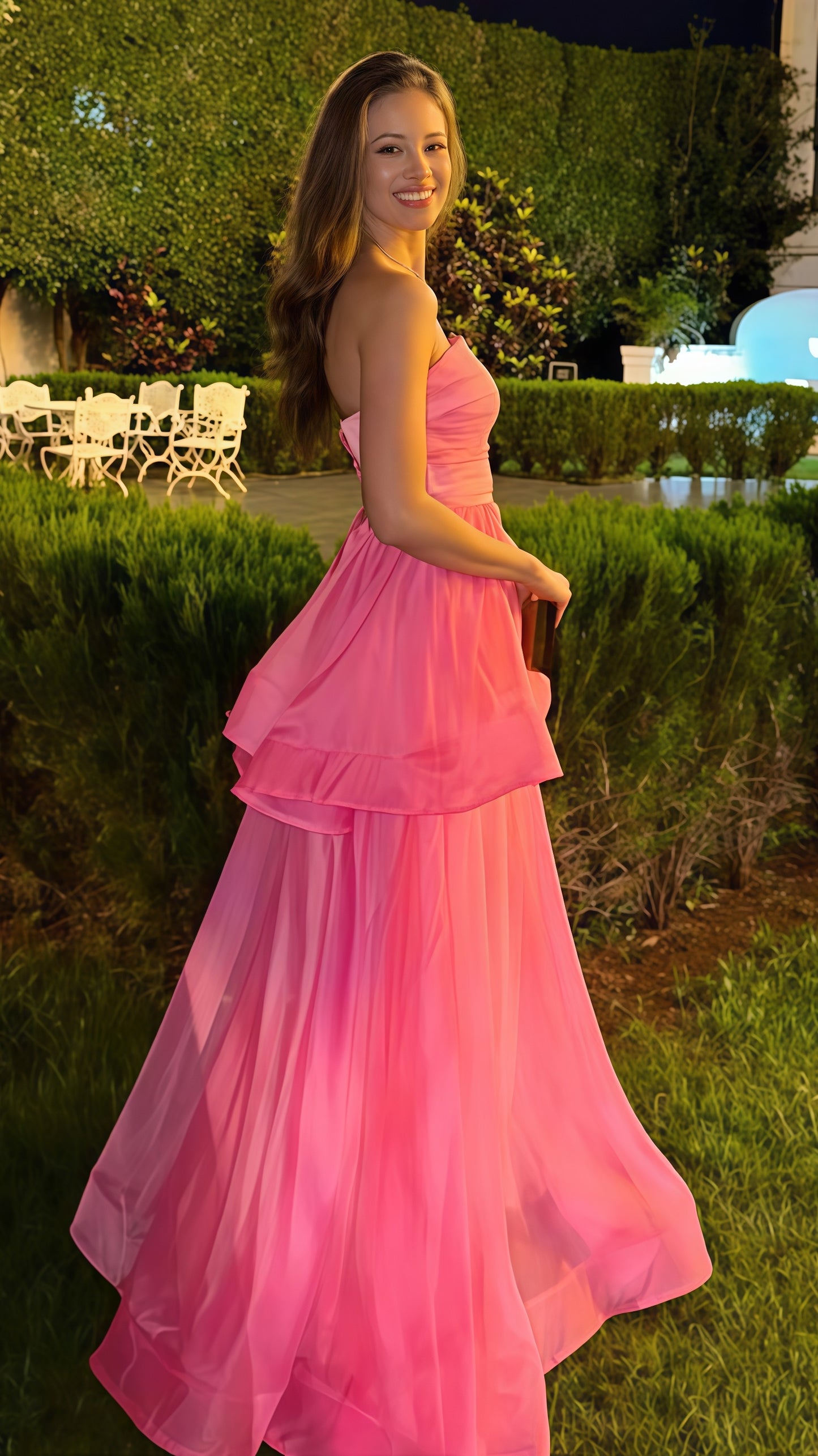 Pink Strapless Organza Prom Dress, Sleeveless Ruffle Party Evening Dress, LTP3716