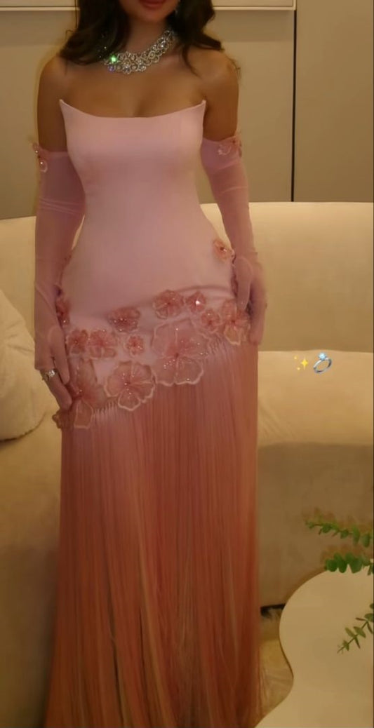 Pink Strapless Sheath Prom Dresses Split Tassel Evening Graduation Dress,LTP4205