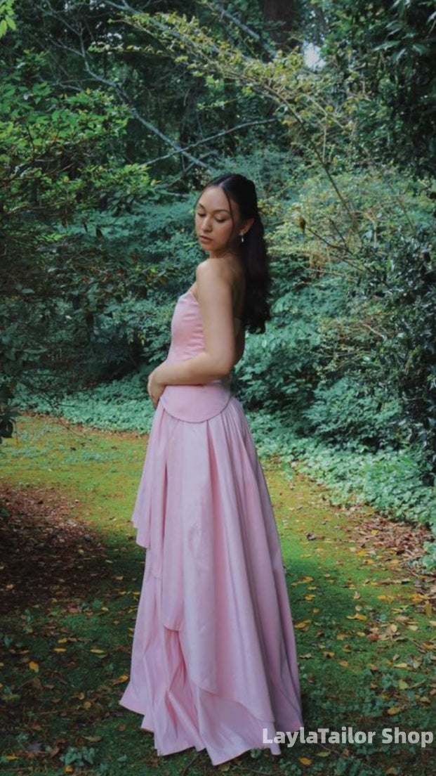 Pink Sweetheart Drop Waist Ruffle Formal Prom Dresses