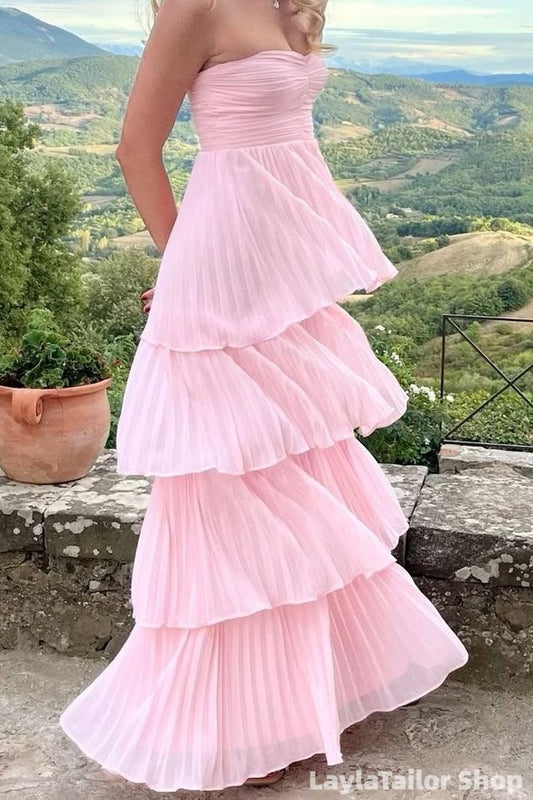 Pink Sweetheart Pleated Chiffon Tiered Long Prom Dress, LTP82811