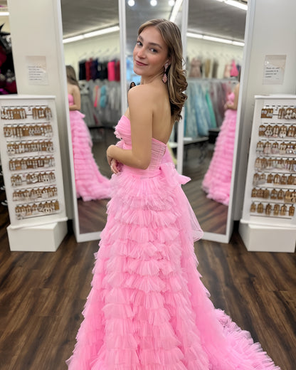 Pink Tulle Ruffles Prom Dresses Sweetheart Split Evening Party Dress, LTP3341