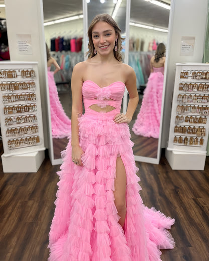 Pink Tulle Ruffles Prom Dresses Sweetheart Split Evening Party Dress, LTP3341