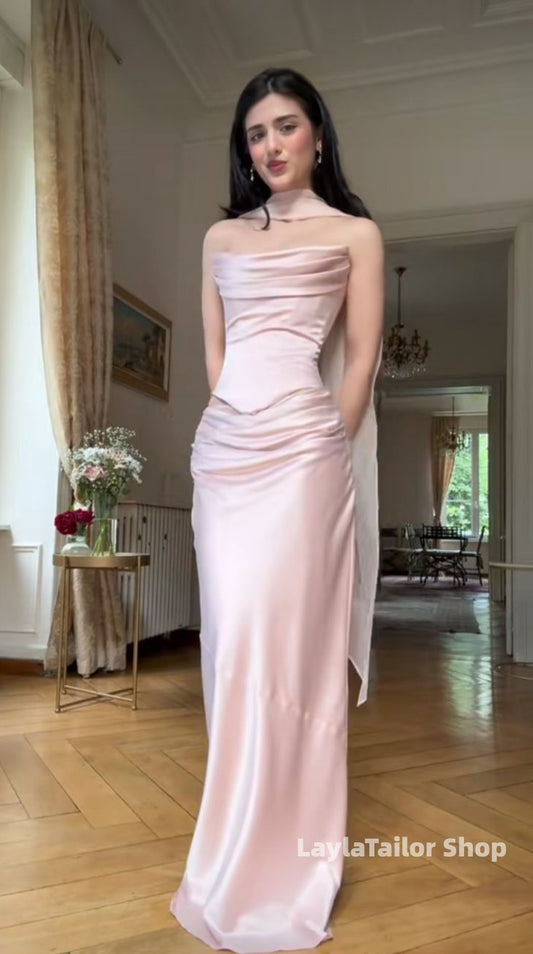 Pink Two Pieces Mermaid Satin Prom Dresses Bodycon Evening Dress With Neck Belt,LTP4556