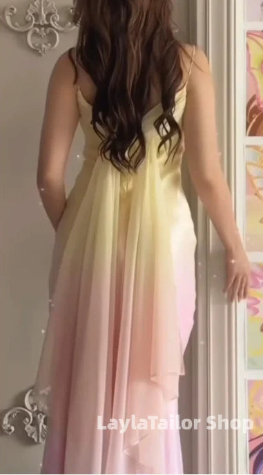 Pink Yellow Gradient Color Slim Prom Dresses With Shawl, LTP3607