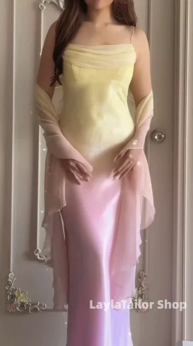 Pink Yellow Gradient Color Slim Prom Dresses With Shawl, LTP3607
