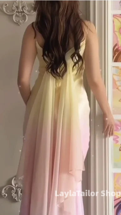 Pink Yellow Gradient Color Slim Prom Dresses With Shawl, LTP3607