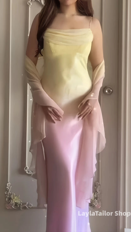 Pink Yellow Gradient Color Slim Prom Dresses With Shawl, LTP3607