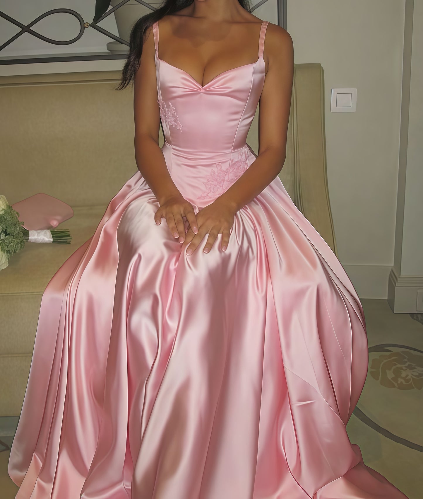 Pink Appliques Evening Dresses, A-Line Satin Prom Dresses,LTP3566